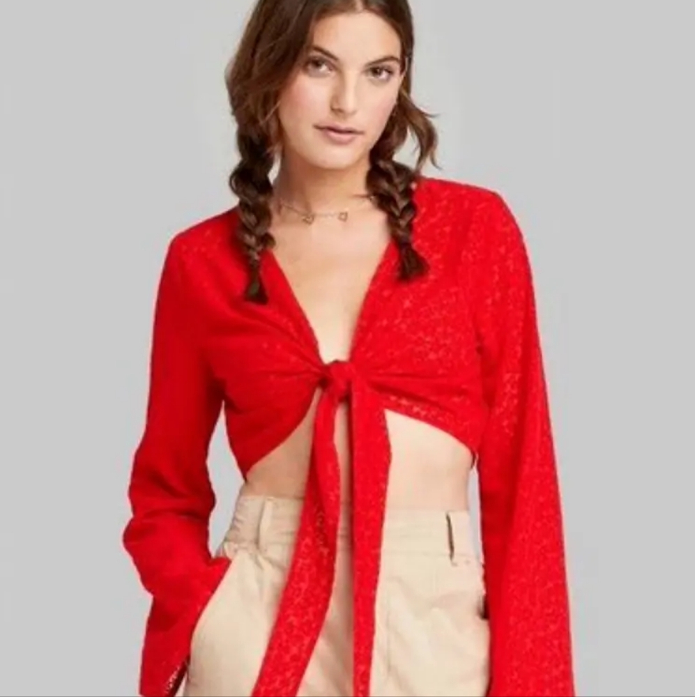 Red Wild Fable Sheer Floral Bell-Sleeve Top